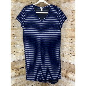 MERONA STRIPED TEXTURED HIGH LOW V-NECK T-SHIRT CASUAL EVERYDAY DRESS SZ. LARGE